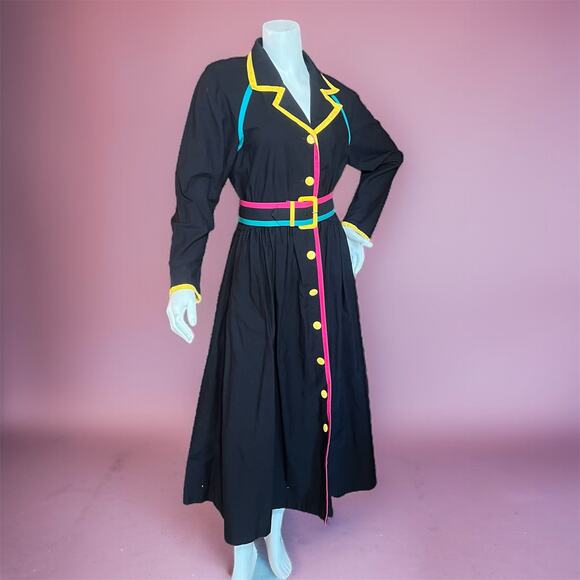 Leslie Lucks Dresses & Skirts - VINTAGE 80s Leslie Lucks Shirt Dress Size 10 Rainbow Trim Lapel Long Sleeve